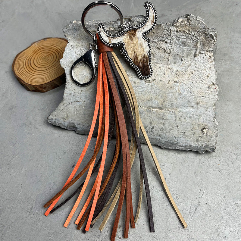 Wholesale Western style bull head tassel animal print leather keychain